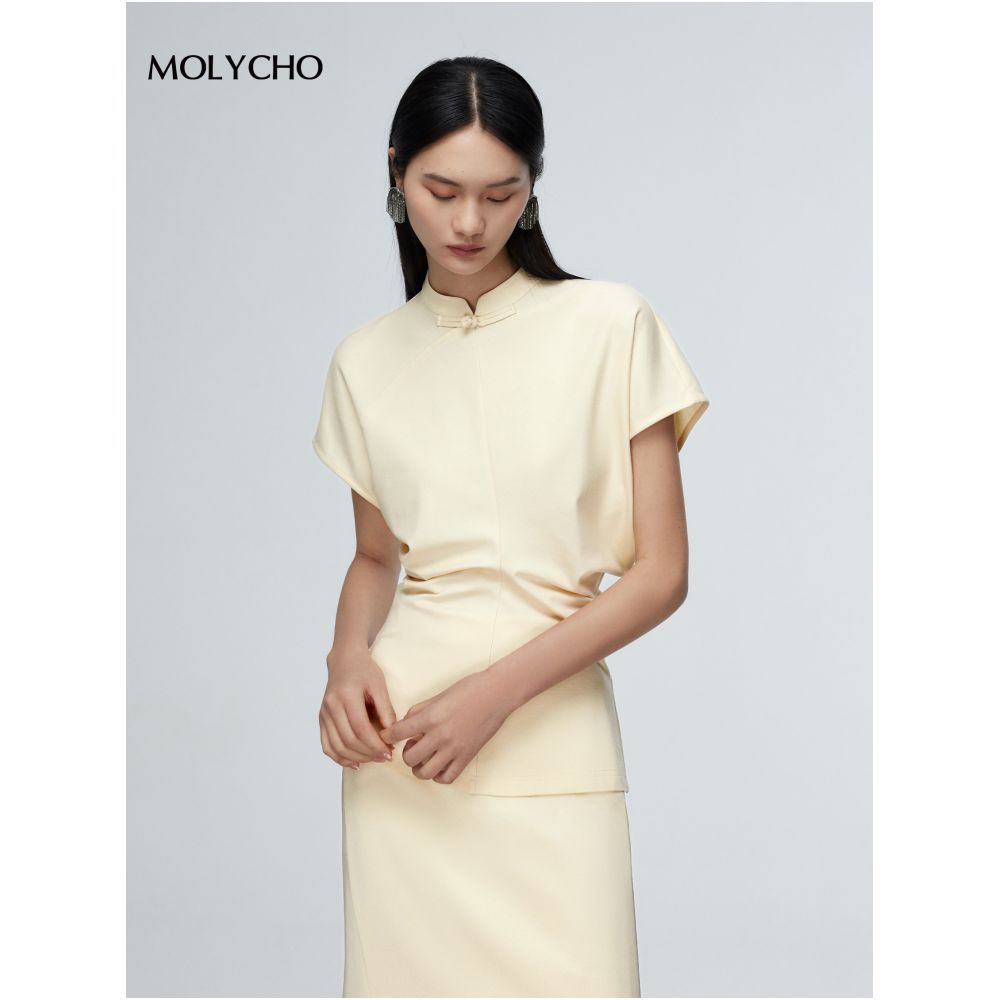 MOLYCHO retro new Chinese style stand up collar short sleeved T shirt for women in summer slim fit and slimming bat sleeve split waist top image 0
