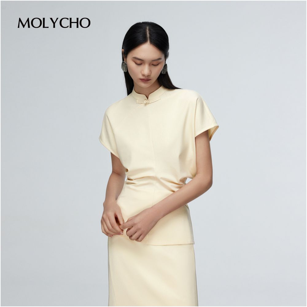 MOLYCHO retro new Chinese style stand up collar short sleeved T shirt for women in summer slim fit and slimming bat sleeve split waist top image 10