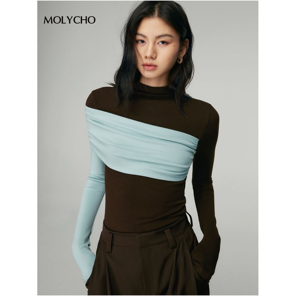 MOLYCHO Color blocked splicing Half high neck long sleeved T shirt for women Interior base small shirt slim fit top image 0
