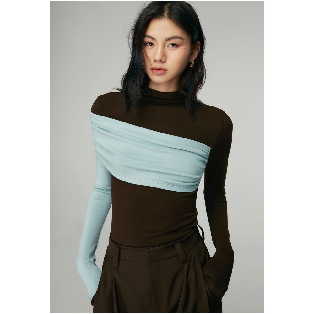MOLYCHO Color blocked splicing Half high neck long sleeved T shirt for women Interior base small shirt slim fit top image 19