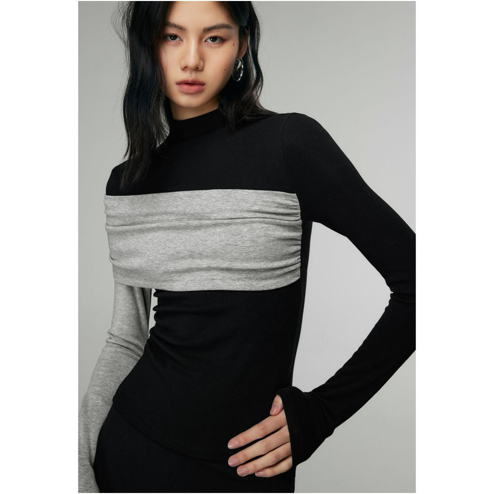 MOLYCHO Color blocked splicing Half high neck long sleeved T shirt for women Interior base small shirt slim fit top image 24