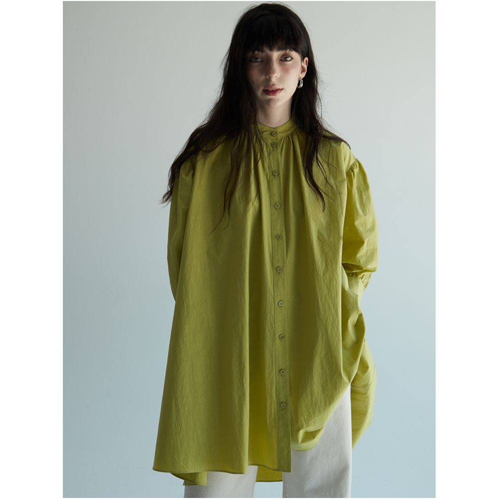 ItoshIroshI standing collar mustard yellow green silhouette A line long back short seven quarter lantern sleeves open collar pleated shirt image 0