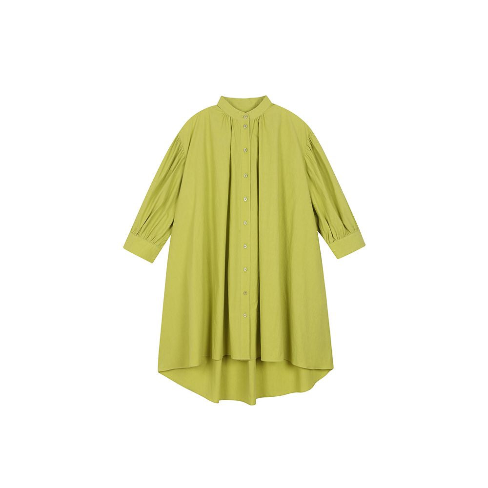 ItoshIroshI standing collar mustard yellow green silhouette A line long back short seven quarter lantern sleeves open collar pleated shirt image 17