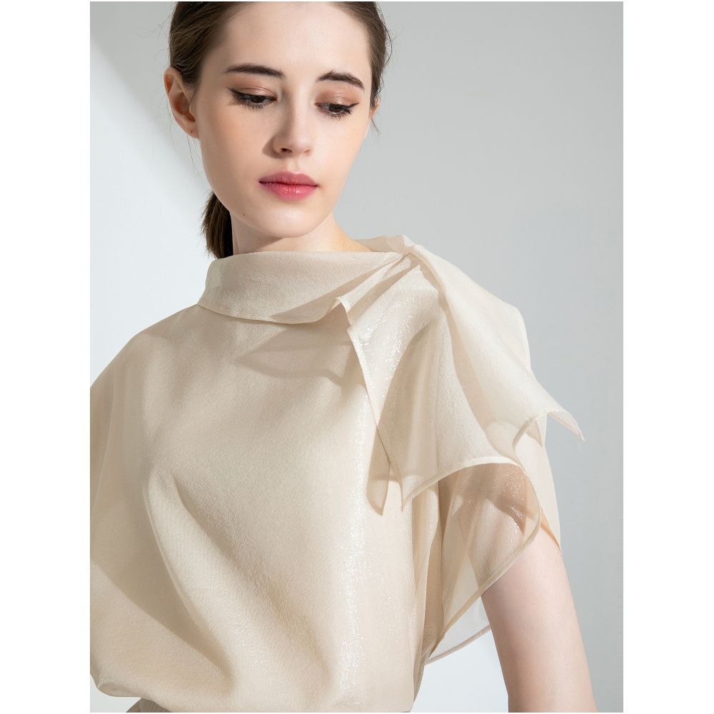 Sparkling Star River Soft Mist White Silk Organza Top with Misty Beauty Double Layer Silk Black Perspective Shirt image 0