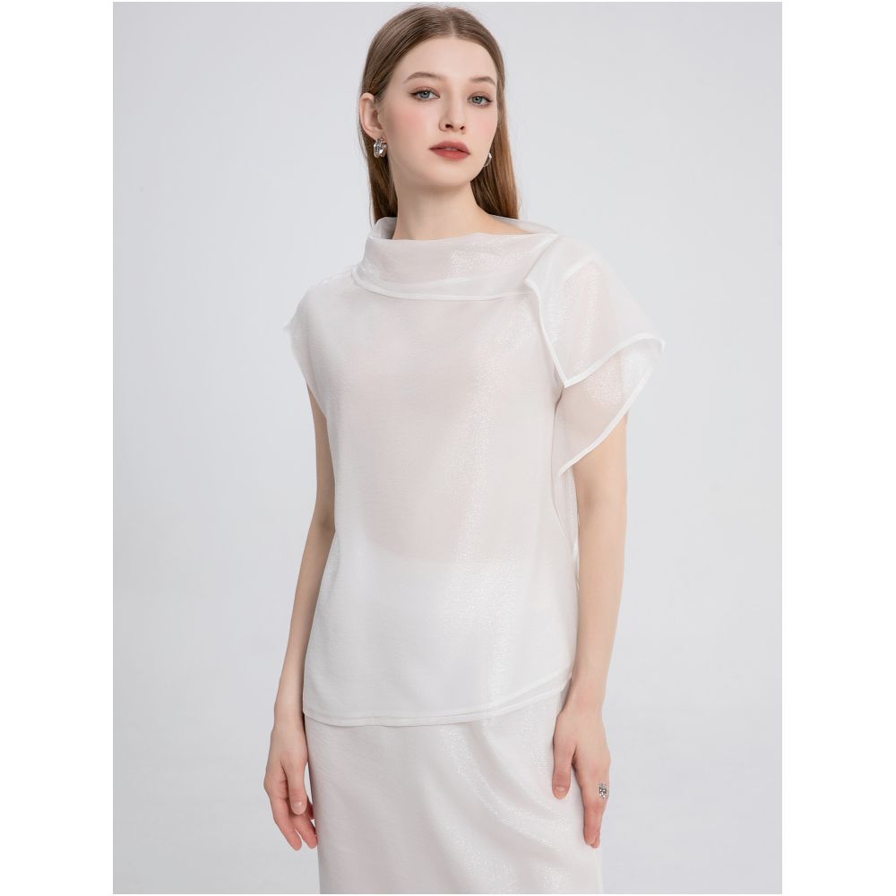 Sparkling Star River Soft Mist White Silk Organza Top with Misty Beauty Double Layer Silk Black Perspective Shirt image 13