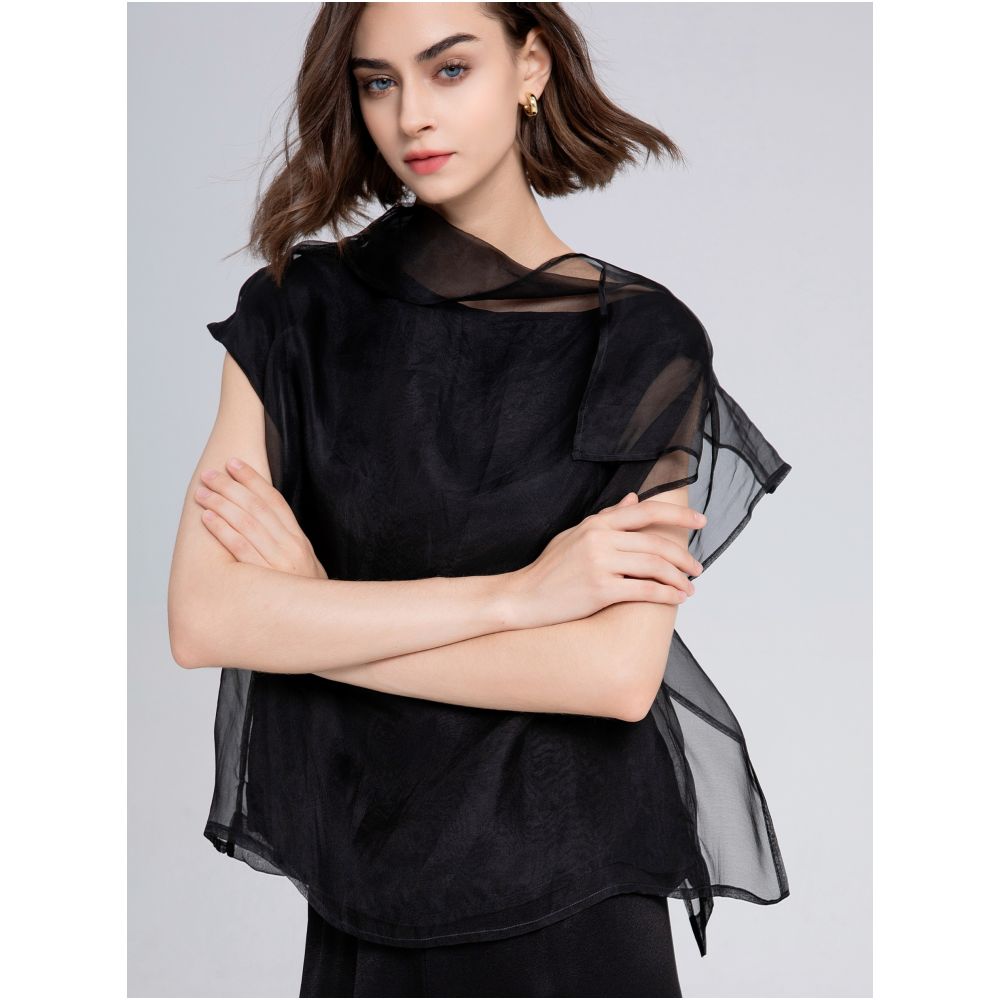Sparkling Star River Soft Mist White Silk Organza Top with Misty Beauty Double Layer Silk Black Perspective Shirt image 29