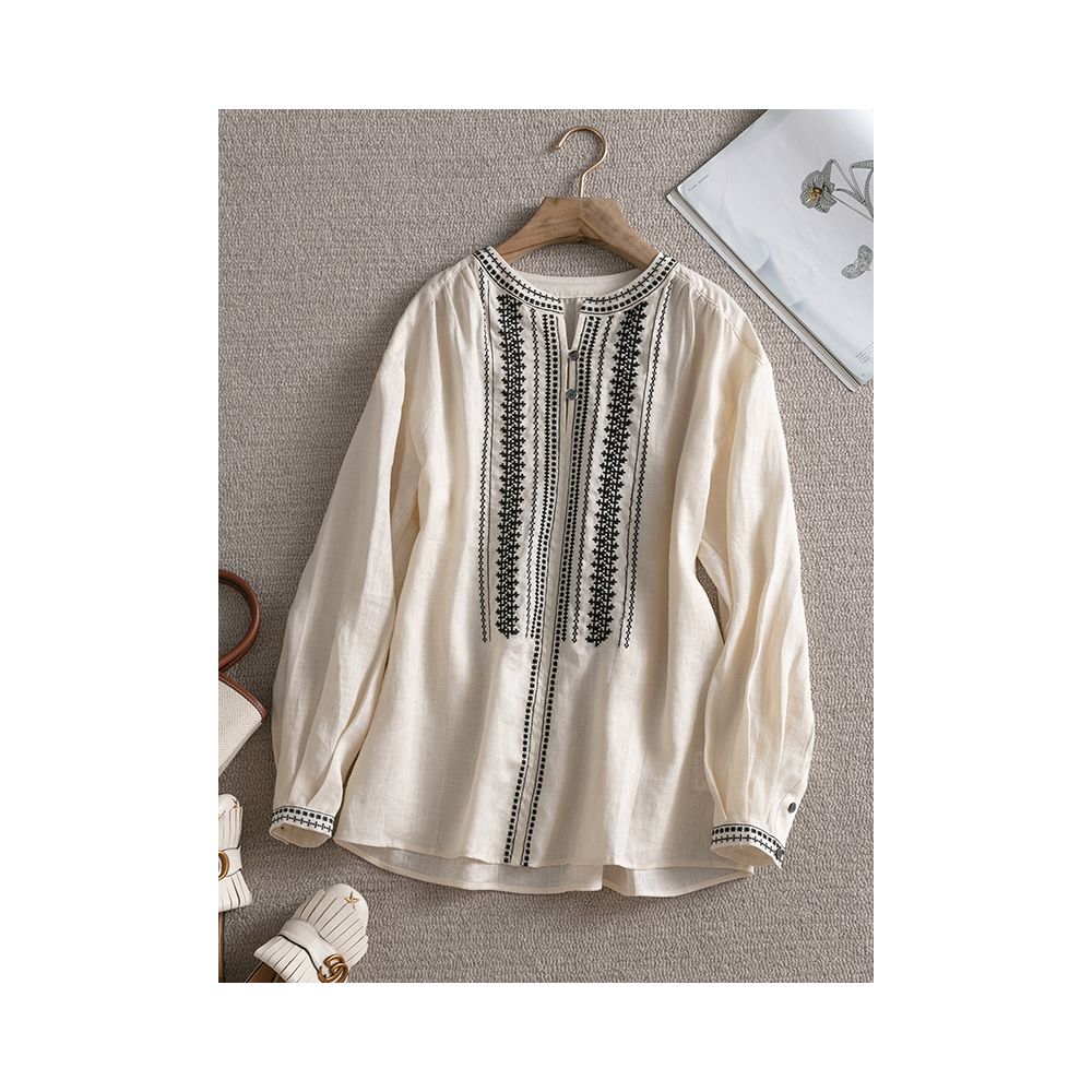 French artistic temperament Comfortable rain dew linen loose heavy embroidery round neck long sleeved shirt for women F2860 image 11