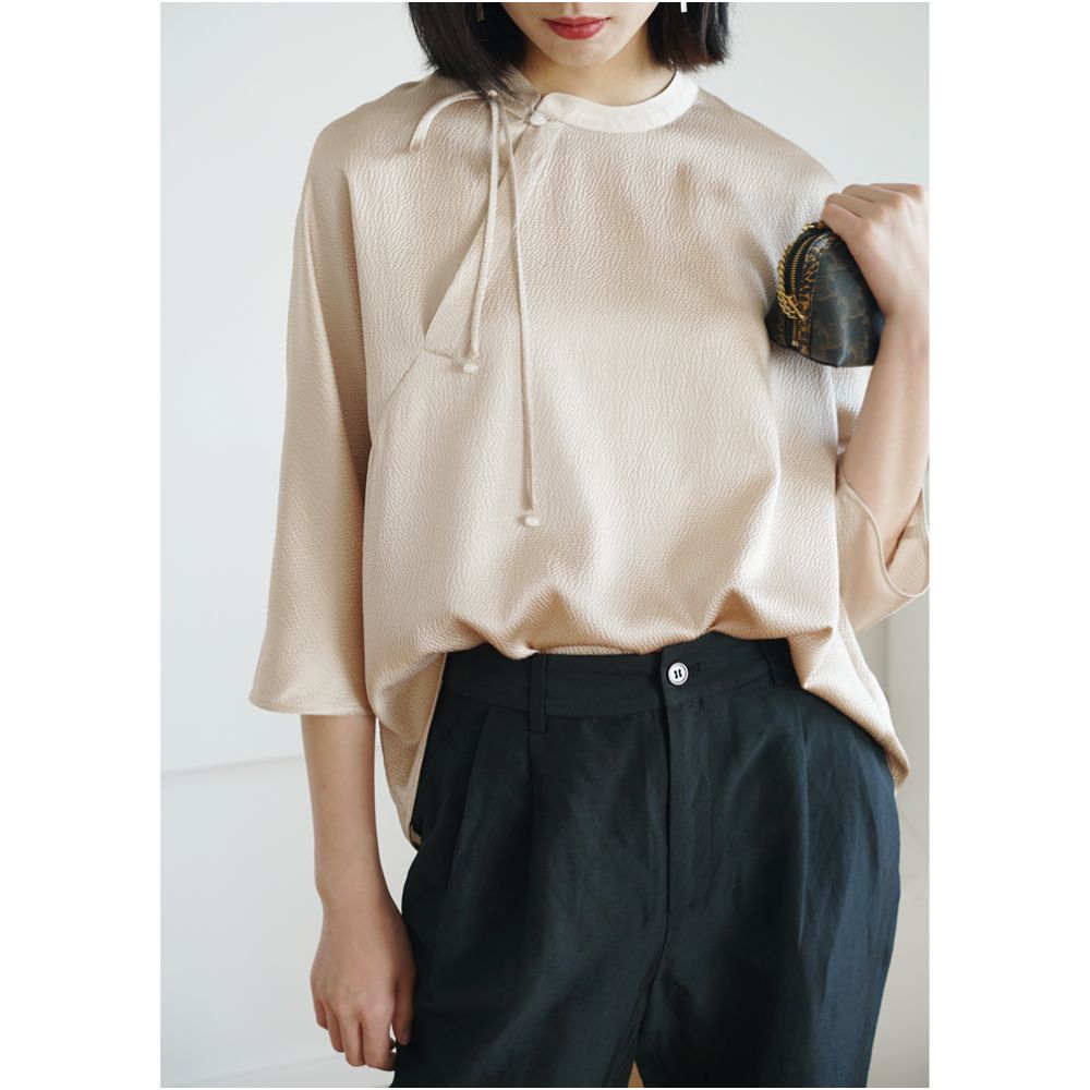 Real silk pearl satin new Chinese style top women s standing collar slanted collar seven quarter sleeve top shirt tie design SY012 image 1