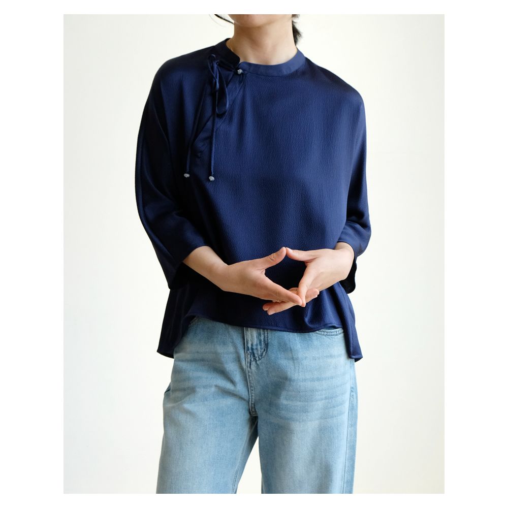 Real silk pearl satin new Chinese style top women s standing collar slanted collar seven quarter sleeve top shirt tie design SY012 image 6