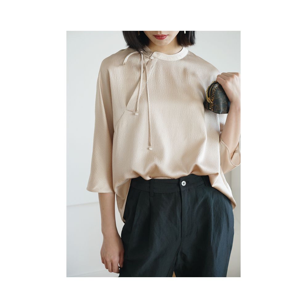 Real silk pearl satin new Chinese style top women s standing collar slanted collar seven quarter sleeve top shirt tie design SY012 image 8