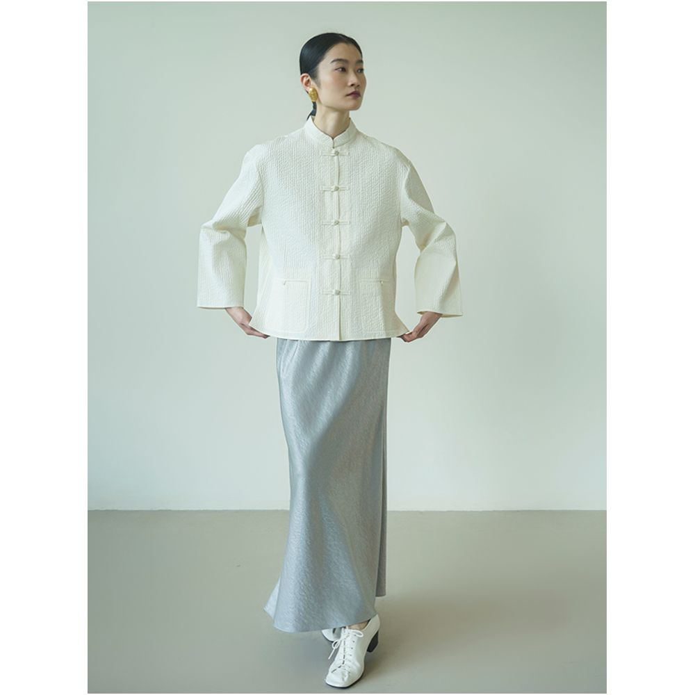 PaleBlueDot Original Design New Chinese White Stripe Button Quilted Shirt Autumn Winter image 0
