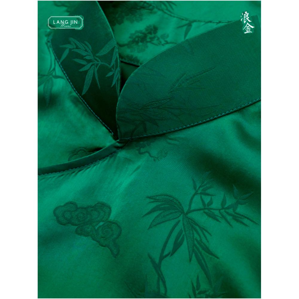 Women s cheongsam top with stand up collar jacquard pattern and side ties Chinese retro shirt summer green oblique lapel langjin gold image 2