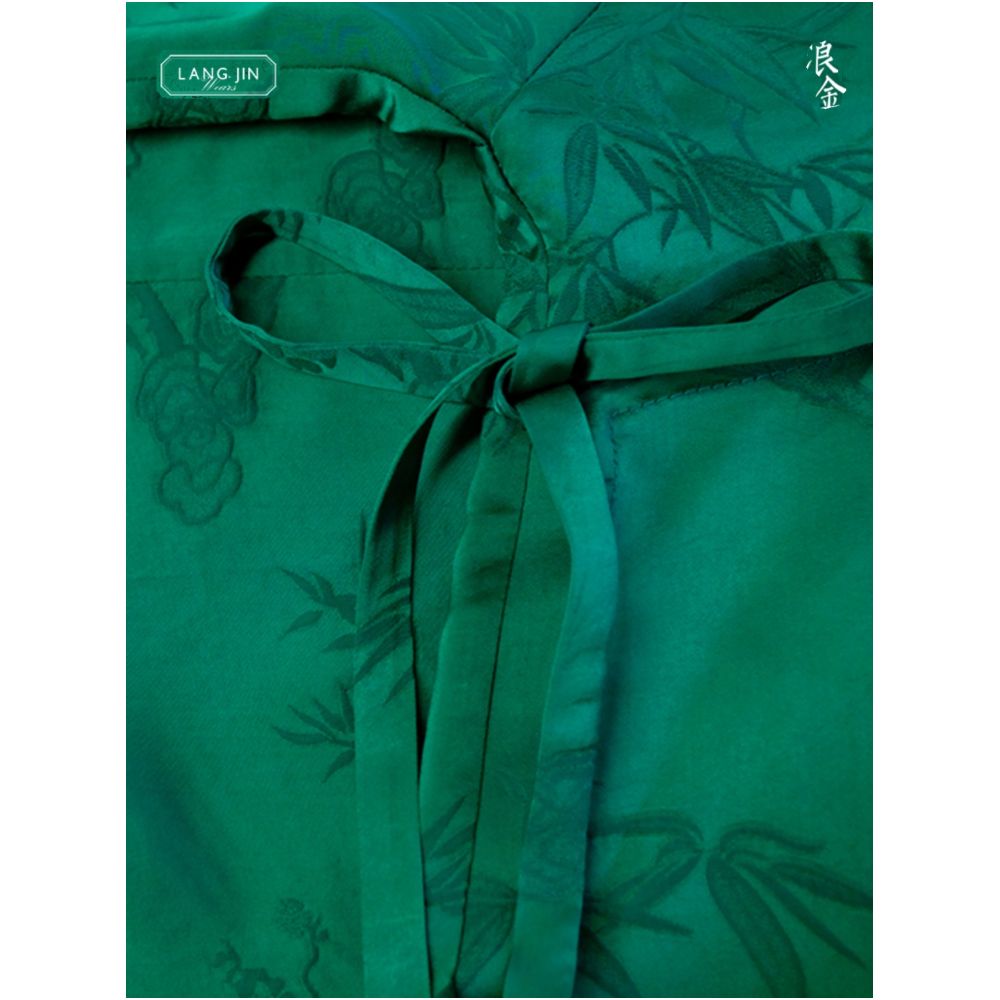 Women s cheongsam top with stand up collar jacquard pattern and side ties Chinese retro shirt summer green oblique lapel langjin gold image 3