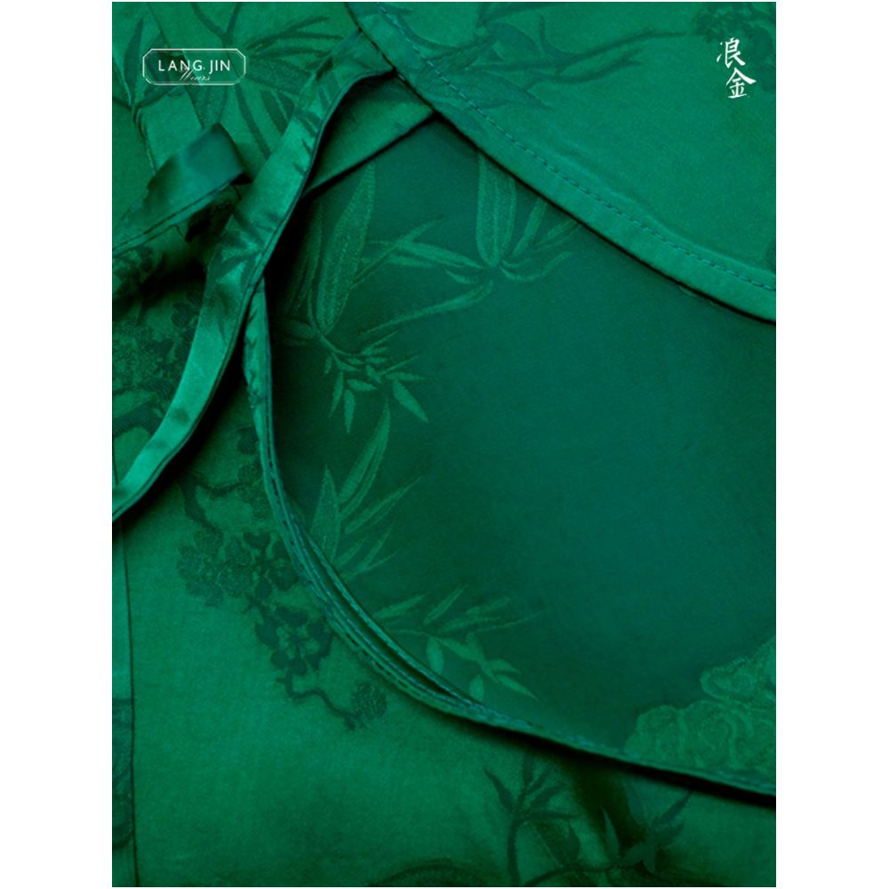 Women s cheongsam top with stand up collar jacquard pattern and side ties Chinese retro shirt summer green oblique lapel langjin gold image 4