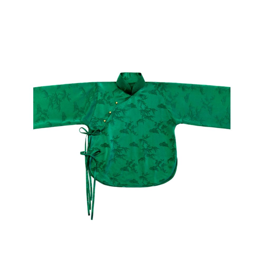 Women s cheongsam top with stand up collar jacquard pattern and side ties Chinese retro shirt summer green oblique lapel langjin gold image 5