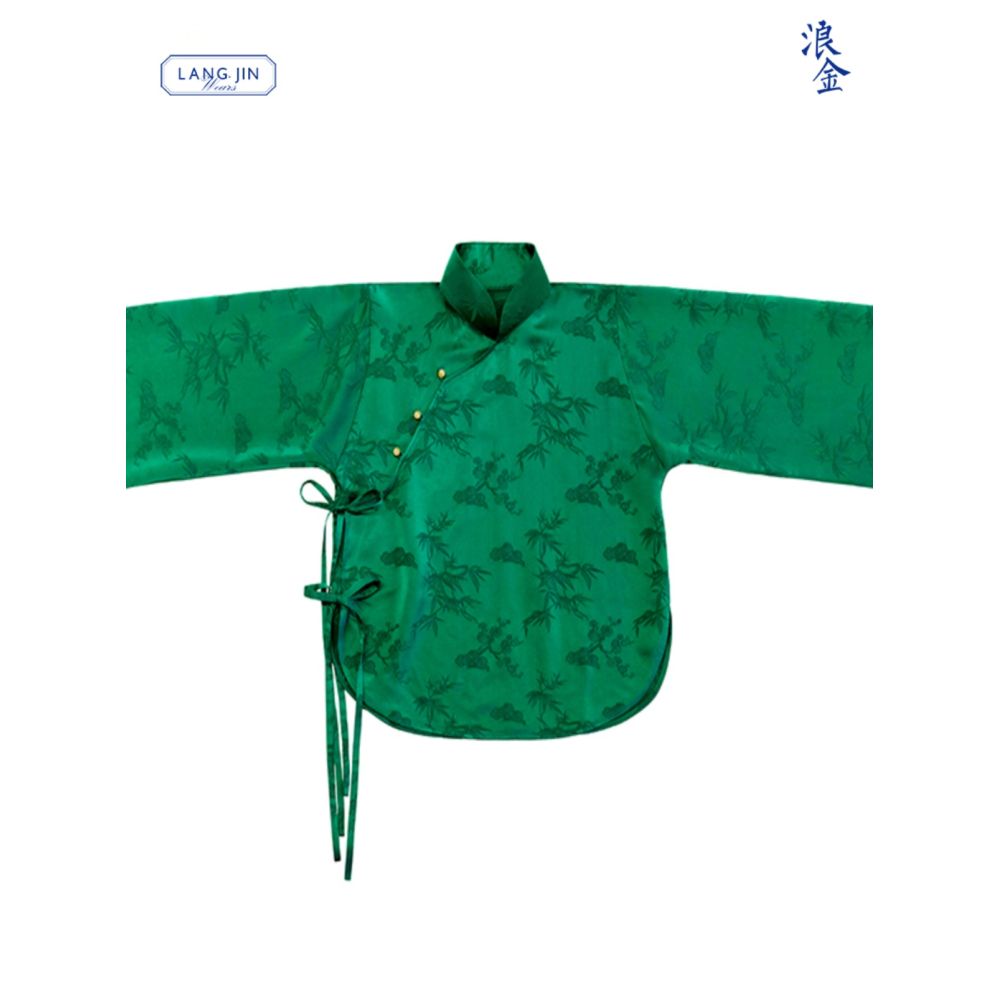 Women s cheongsam top with stand up collar jacquard pattern and side ties Chinese retro shirt summer green oblique lapel langjin gold image 0