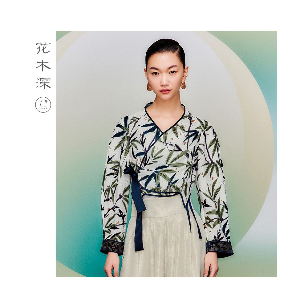 Celebrity style flower and tree deep vinegar Chinese style bamboo leaf top Chinese style improved Hanfu diagonal collar women s coat image 2