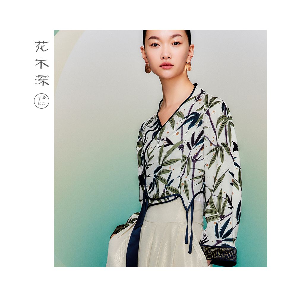 Celebrity style flower and tree deep vinegar Chinese style bamboo leaf top Chinese style improved Hanfu diagonal collar women s coat image 4