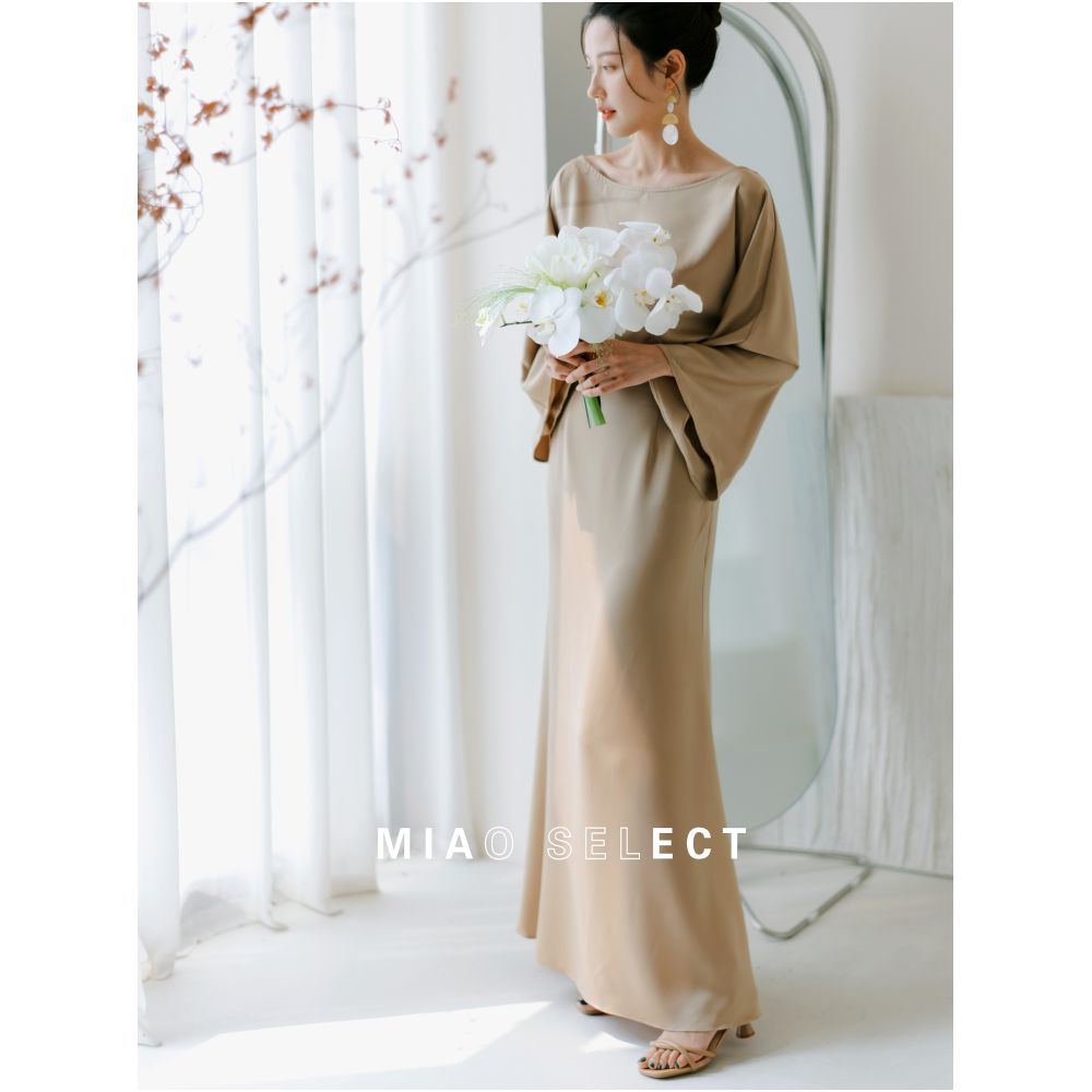 MiaoSelect u003cBean Lotus u003eFrench Style Elegant Skin friendly Satin Dress Bridal Morning Dress Bridesmaid Dress image 1