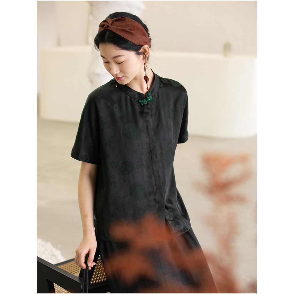 Original Design by Bu Xiaojiang Summer Youth Silk Short sleeved Fragrant Cloud Yarn Shirt High end Mulberry Silk Chinese Top image 0