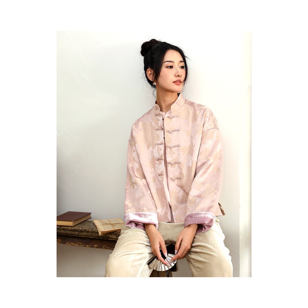 Taozhiyaoyao Chinese style 2023 Spring Fanghua Lotus pink Chinese style stand up collar button woven flower jacket solid color image 1