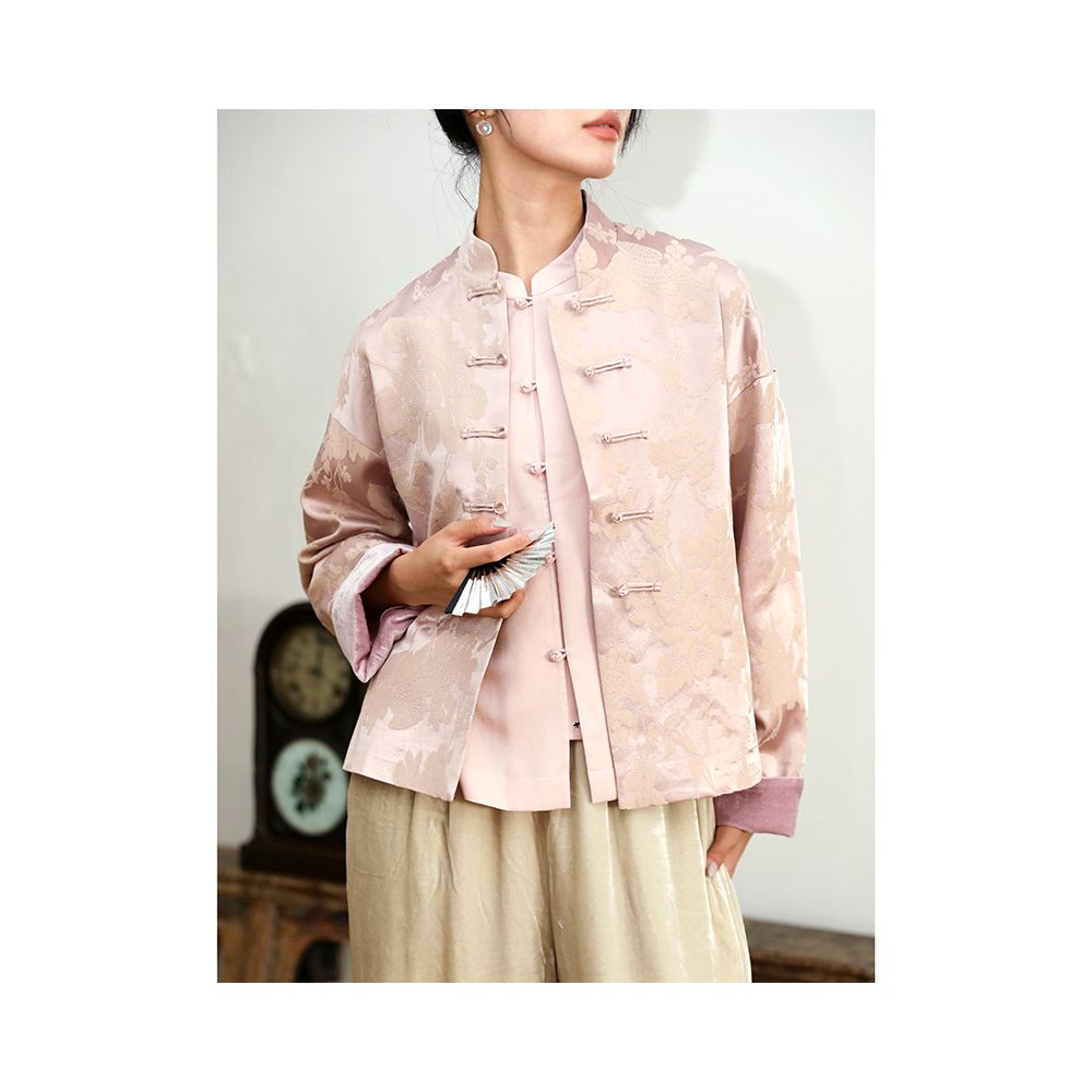 Taozhiyaoyao Chinese style 2023 Spring Fanghua Lotus pink Chinese style stand up collar button woven flower jacket solid color image 10