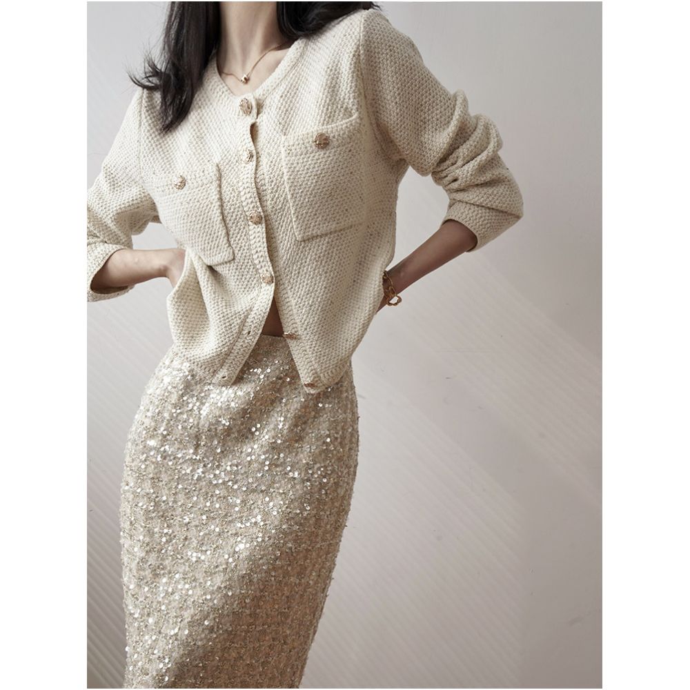 Deeply customized spring vintage temperament small fragrant cashmere wool light luxury gold and silver silk jacquard knitted cardigan for women image 1