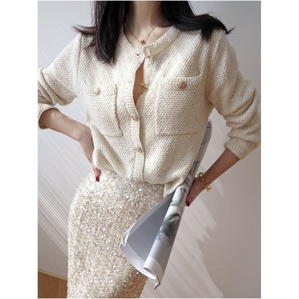 Deeply customized spring vintage temperament small fragrant cashmere wool light luxury gold and silver silk jacquard knitted cardigan for women image 5