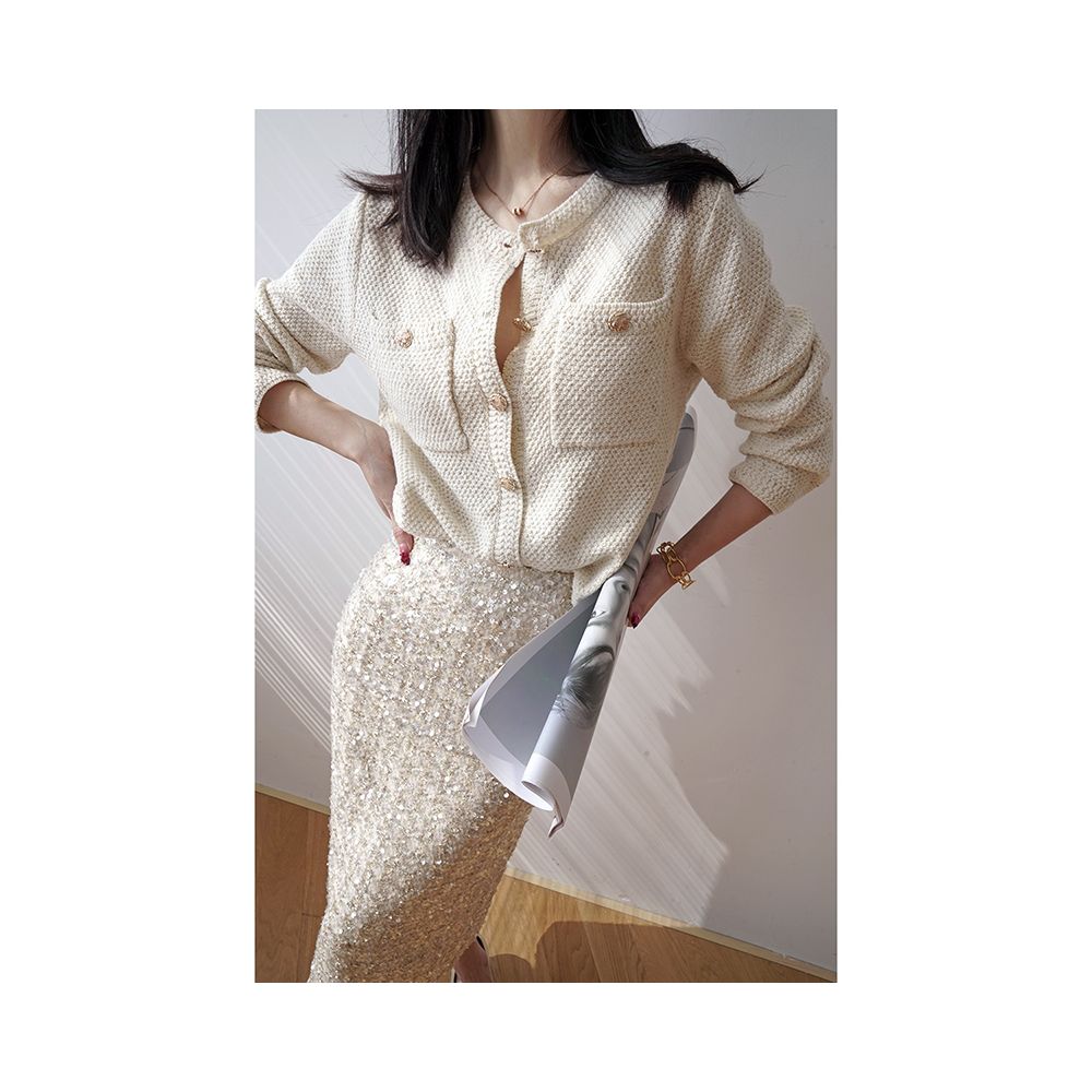 Deeply customized spring vintage temperament small fragrant cashmere wool light luxury gold and silver silk jacquard knitted cardigan for women image 10