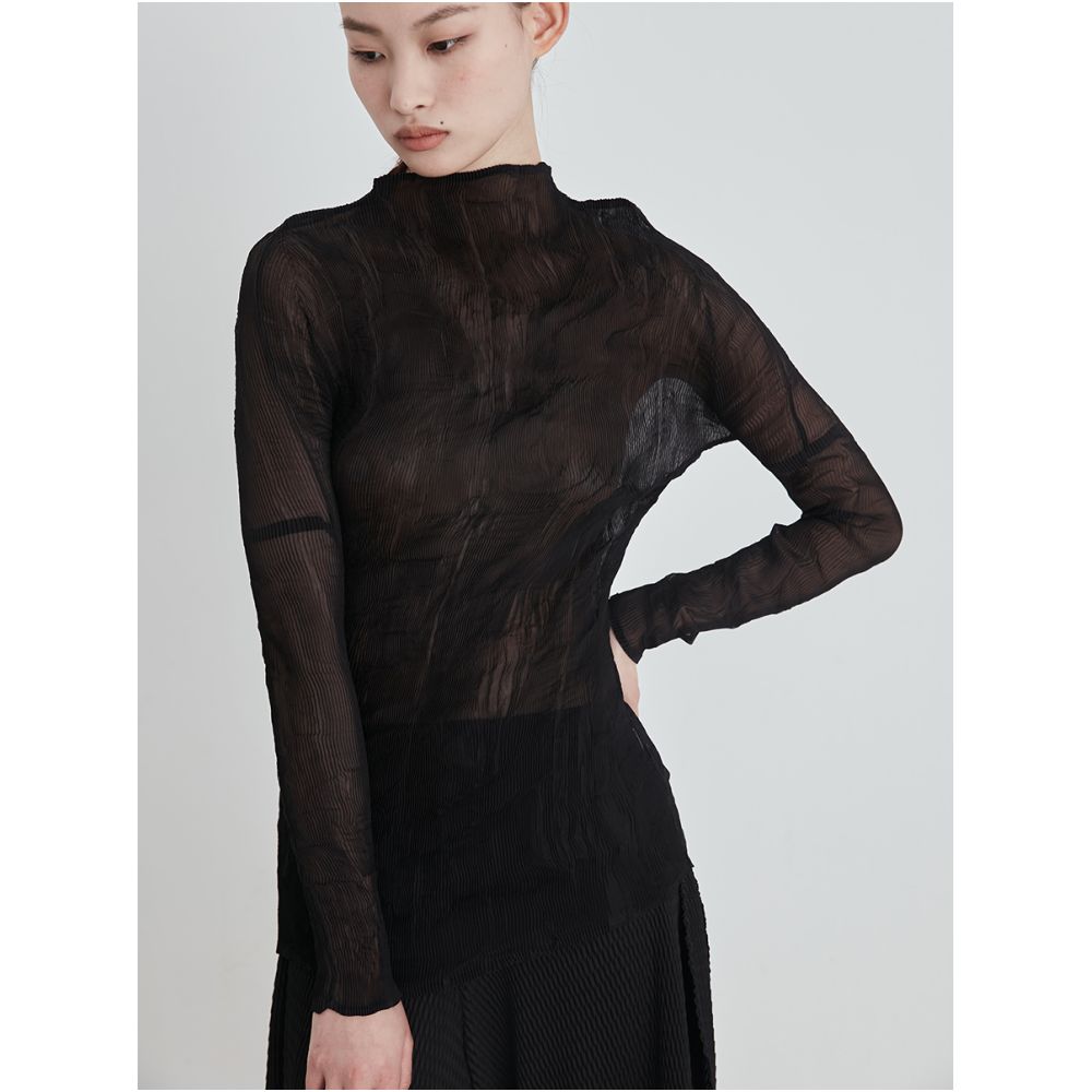 Whitecube2024 Spring Green Half High Collar Willow Fold Bottom Shirt Top Women s Slim Fit Look Long Sleeve T shirt image 3