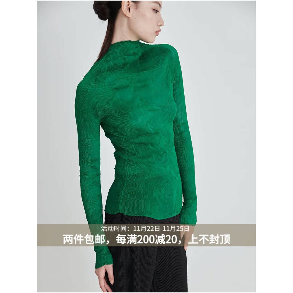 Whitecube2024 Spring Green Half High Collar Willow Fold Bottom Shirt Top Women s Slim Fit Look Long Sleeve T shirt image 0