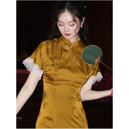 Asaya1238 -yellow long lace silk satin cheongsam morning gown