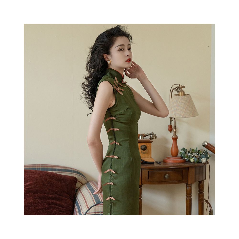 Asaya1237 - green cheongsam style retro long satin dress