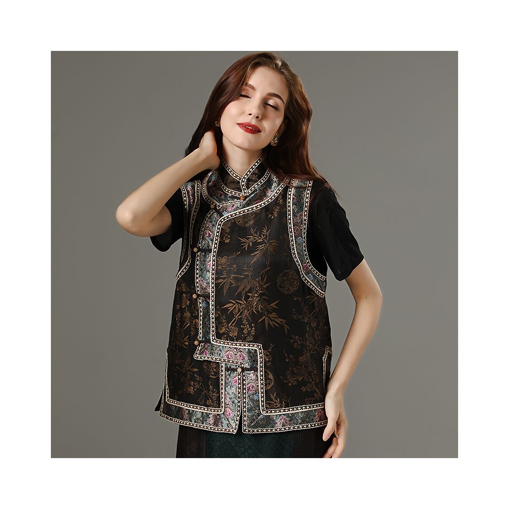 Ethnic style vest women s summer silk fragrant cloud yarn embroidered printed oversized vest shoulder buckle Chinese style top image 1