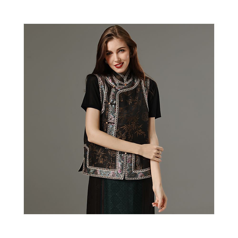 Ethnic style vest women s summer silk fragrant cloud yarn embroidered printed oversized vest shoulder buckle Chinese style top image 2