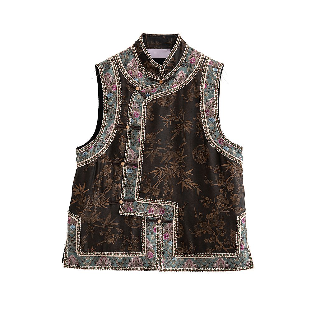 Ethnic style vest women s summer silk fragrant cloud yarn embroidered printed oversized vest shoulder buckle Chinese style top image 3