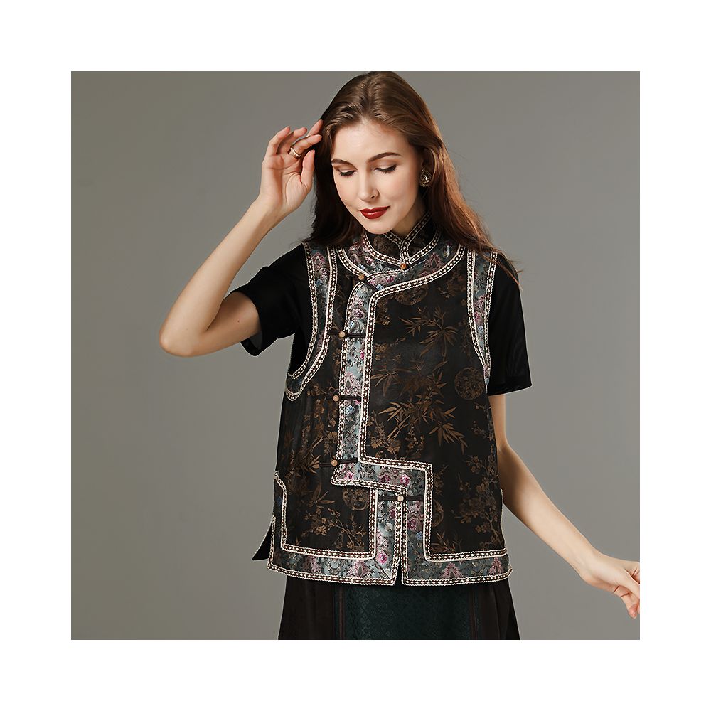 Ethnic style vest women s summer silk fragrant cloud yarn embroidered printed oversized vest shoulder buckle Chinese style top image 4