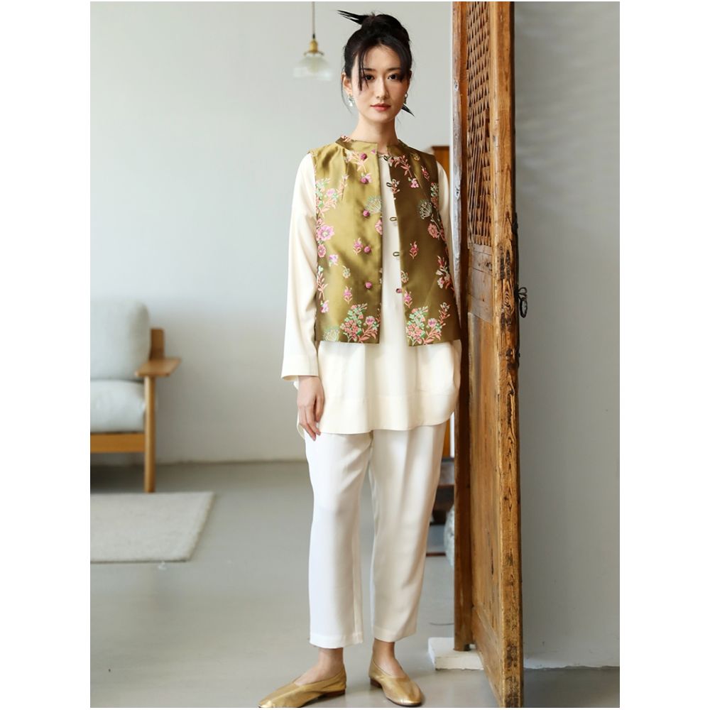 Taozhi Yaoyao 2025 Spring Flower Blossoms Splendid Gold Powder Weaving Jacquard Chinese Artistic Vest Shoulder image 7