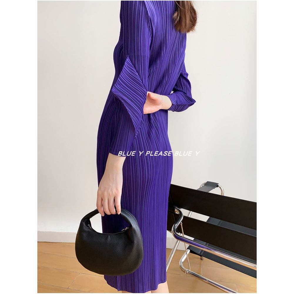 BLUE Y Spring Design Sleeves Round Neck Medium Length Folded Dress Long Sleeves Nine Cent Sleeves Slim Fit image 3