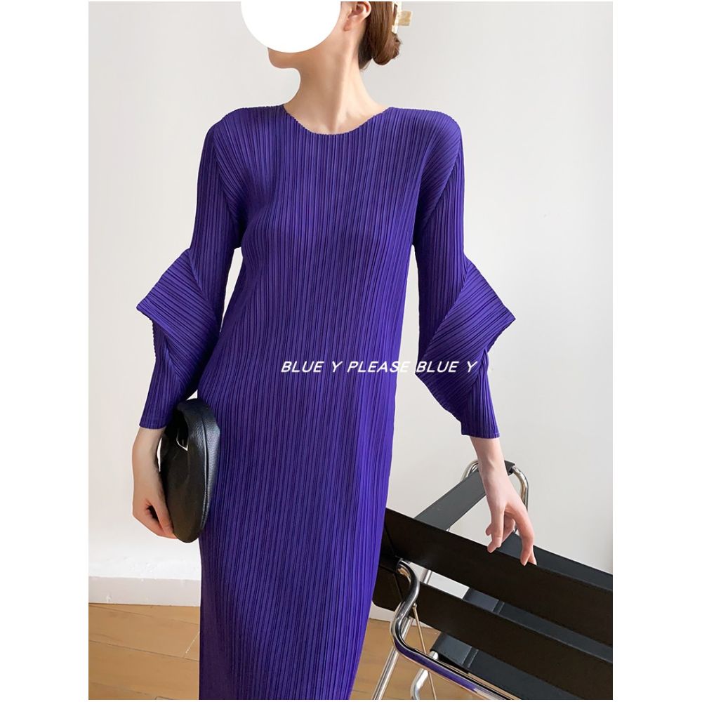 BLUE Y Spring Design Sleeves Round Neck Medium Length Folded Dress Long Sleeves Nine Cent Sleeves Slim Fit image 4