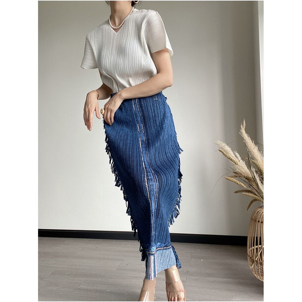 BLUE Y spring and summer three fold imitation denim with tassel edges on both sides vintage mid length high waist skin friendly one step skirt image 2