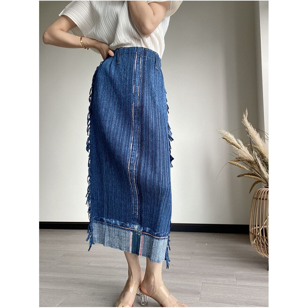 BLUE Y spring and summer three fold imitation denim with tassel edges on both sides vintage mid length high waist skin friendly one step skirt image 4