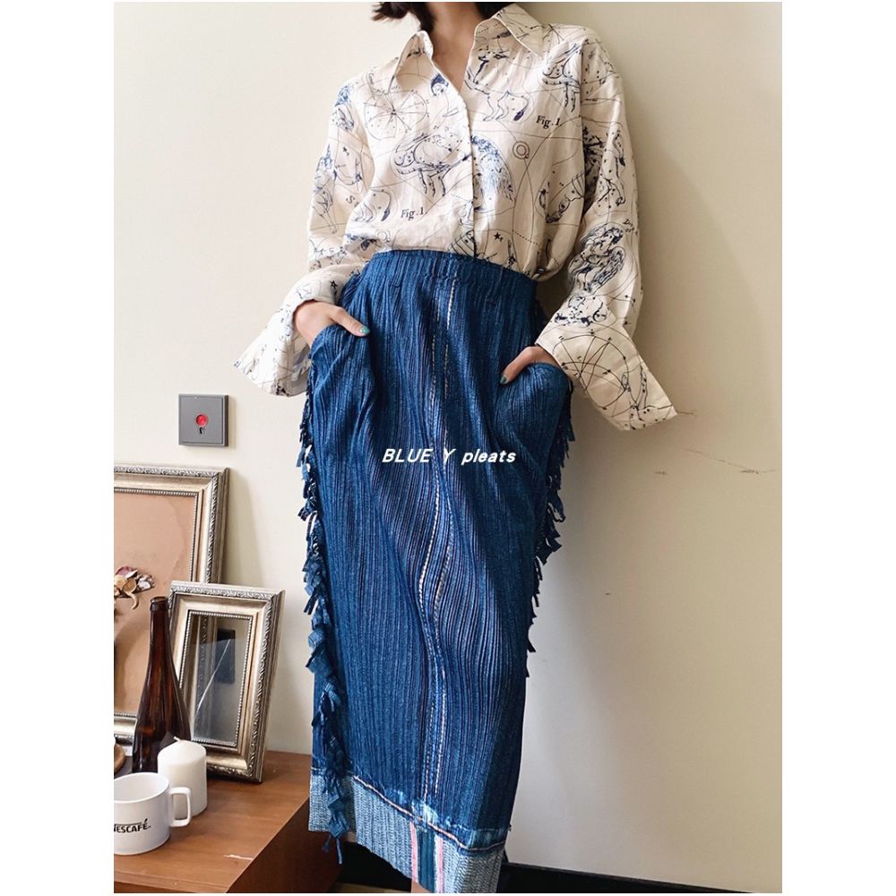 BLUE Y spring and summer three fold imitation denim with tassel edges on both sides vintage mid length high waist skin friendly one step skirt image 5