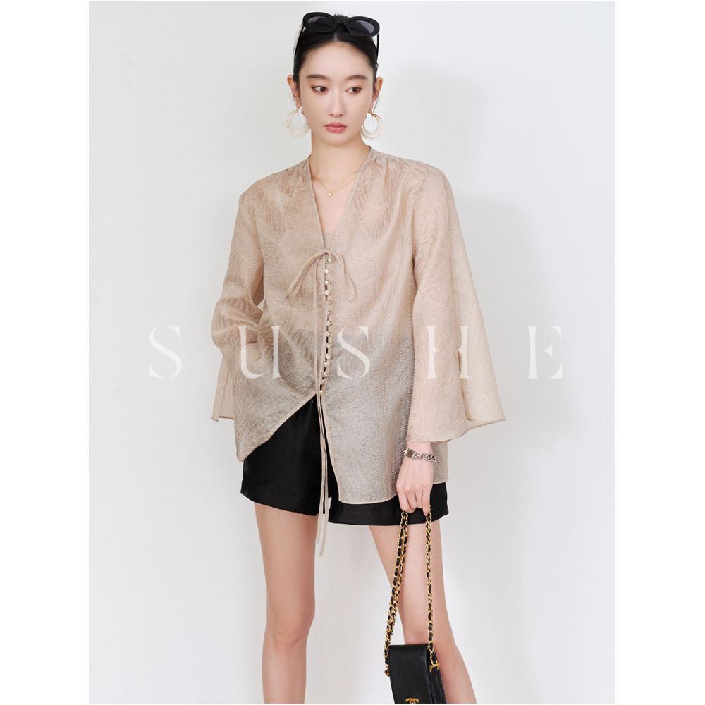 New Chinese style series Shuxi SUSHE fairy atmosphere surround effect flared sleeves V neck long cardigan women s summer image 2