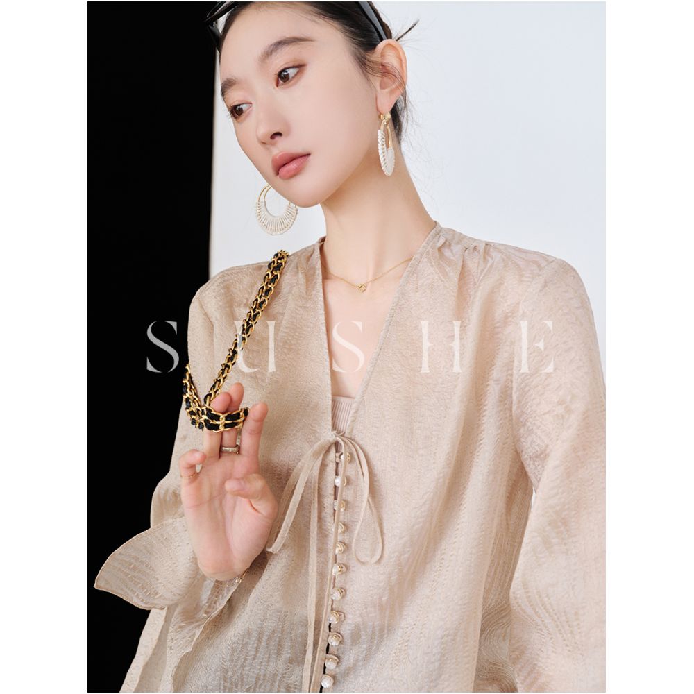 New Chinese style series Shuxi SUSHE fairy atmosphere surround effect flared sleeves V neck long cardigan women s summer image 4