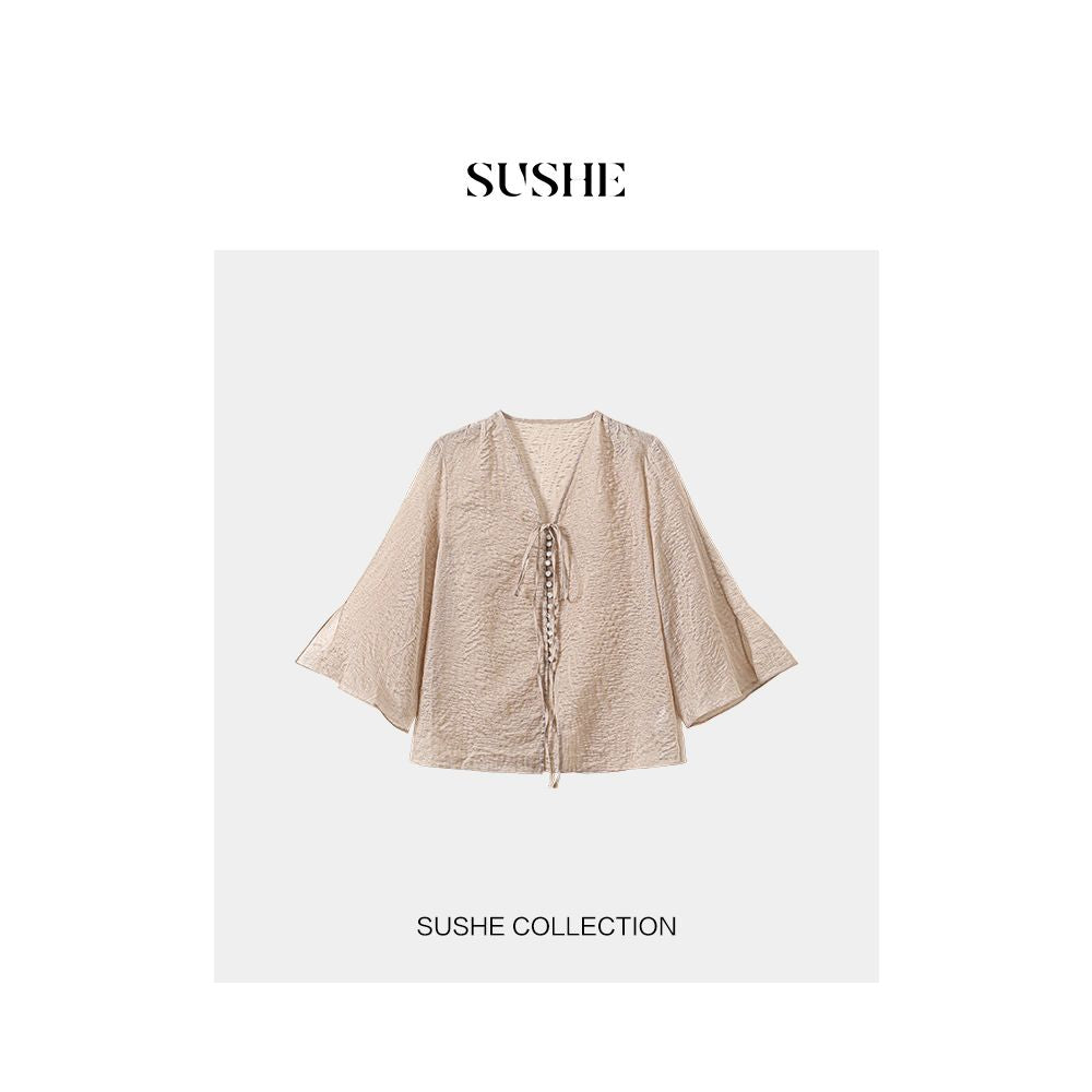 New Chinese style series Shuxi SUSHE fairy atmosphere surround effect flared sleeves V neck long cardigan women s summer image 9
