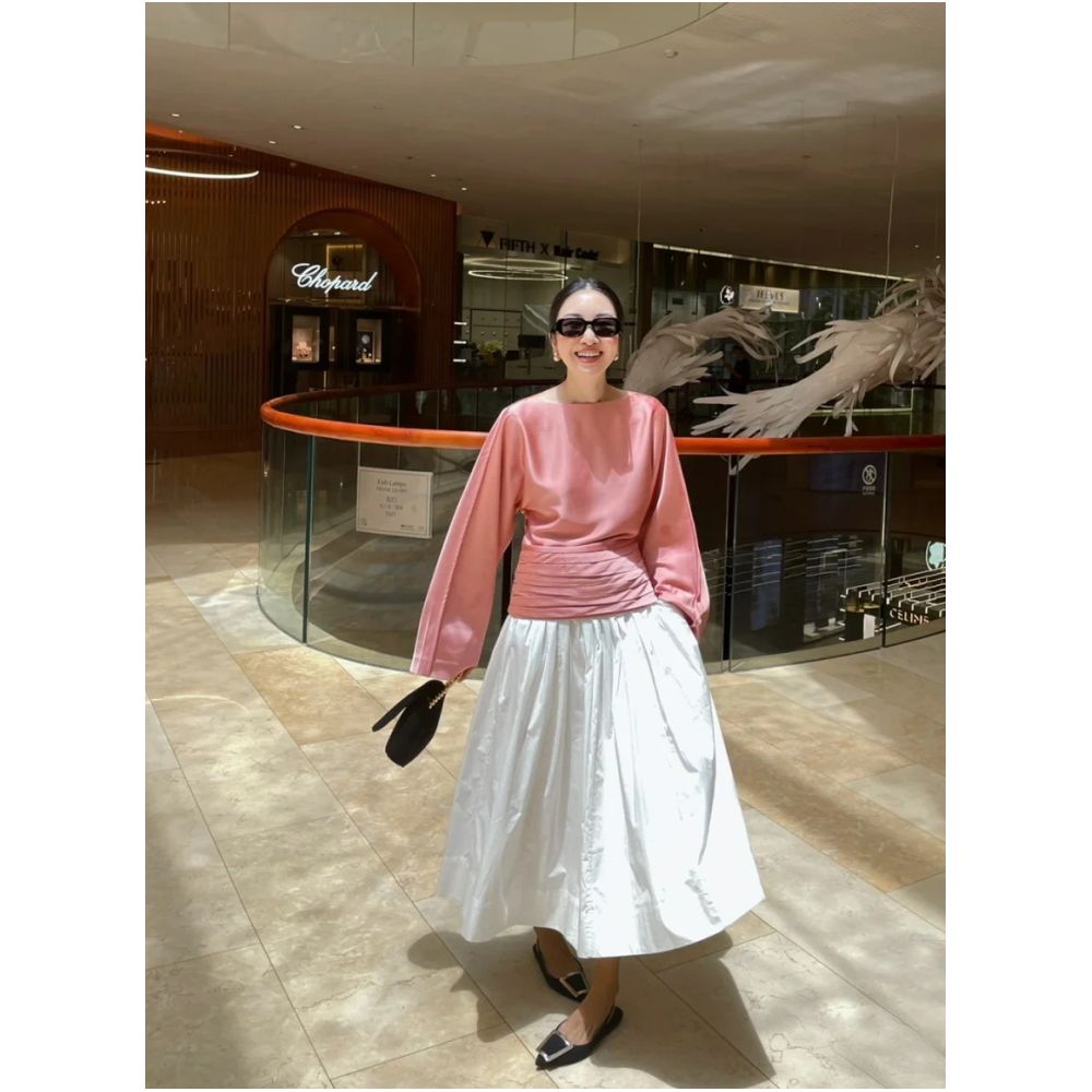 WINNI CELH spring and summer new elegant texture silky pleated design pullover one shoulder glossy pink top image 1