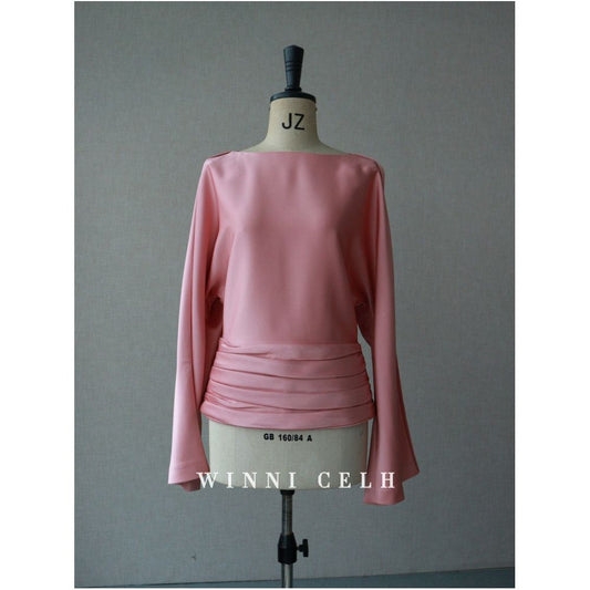 Asaya1200 - WINNI CELH spring and summer new elegant texture silky pleated design pullover one shoulder glossy pink top