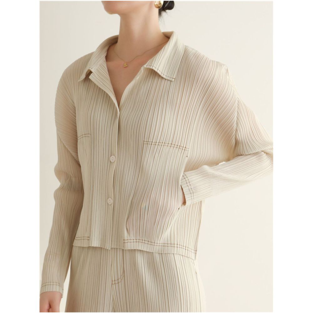 Quality of pleated clothing counter autumn and spring styles high end pleated Korean casual lapel denim shirt cropped pants set image 2