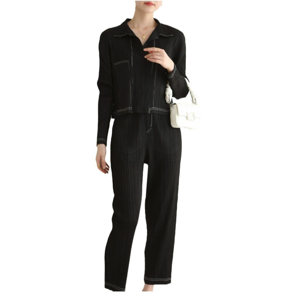 Quality of pleated clothing counter autumn and spring styles high end pleated Korean casual lapel denim shirt cropped pants set image 5